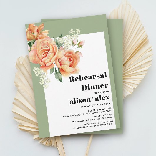 Invitation Branche avec rose de pêche Dîner de répétition mar