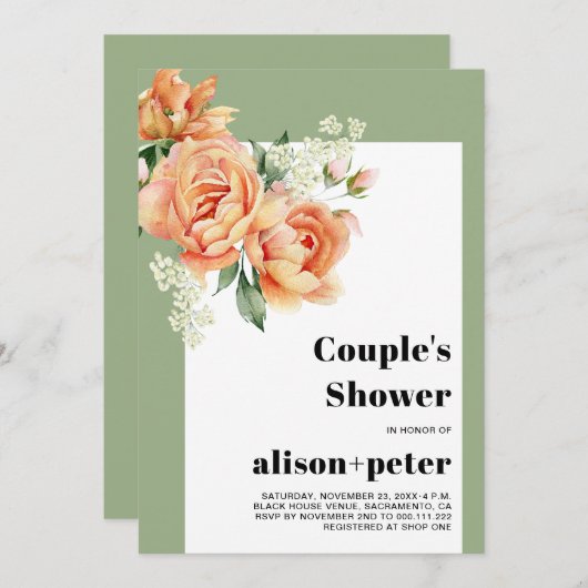 Invitation Branche avec roses pêche mariage couple douche (Devant / Derrière)