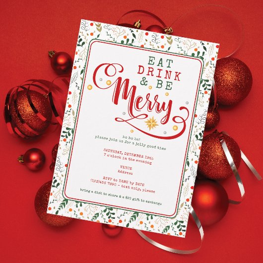 Invitation Branche Berry Manger Boire et Joyeux Noël Potluck
