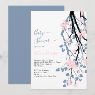 Invitation Branche bleu foncé, baby shower de fleurs roses