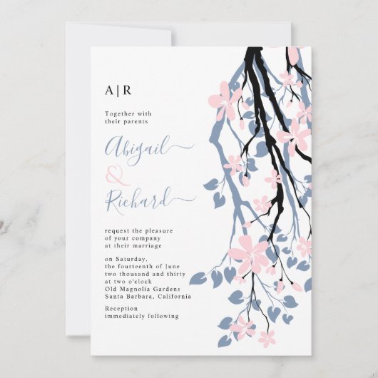 Invitation Branche bleu foncé, fleurs rousses initiales maria (Devant)