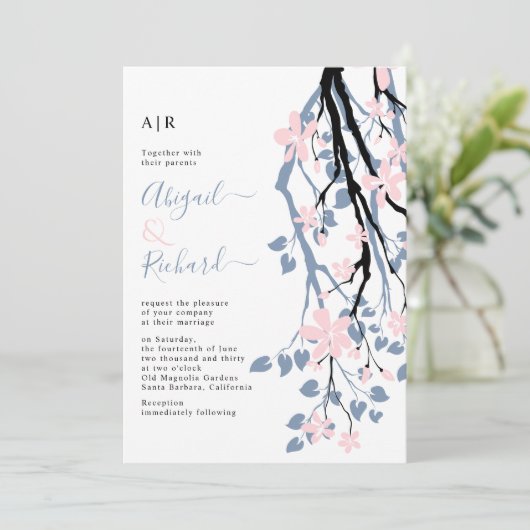 Invitation Branche bleu foncé, fleurs rousses initiales maria (Debout devant)