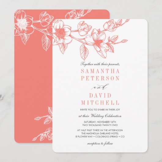 Invitation Branche Chic Floral Magnolia | Corail | MARIAGE (Devant / Derrière)
