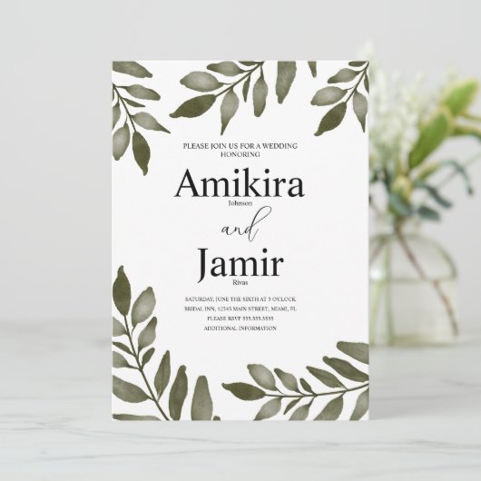 Invitation Branche de feuille d'aquarelle Verdure Simple Mari (Debout devant)