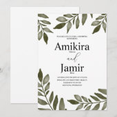 Invitation Branche de feuille d'aquarelle Verdure Simple Mari (Devant / Derrière)