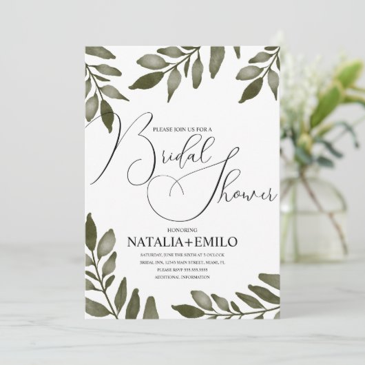 Invitation Branche de feuilles à l'aquarelle pour la douche d (Debout devant)
