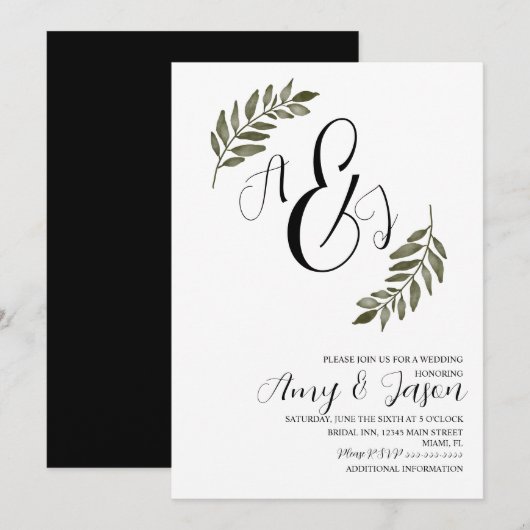 Invitation Branche de feuilles à l'aquarelle verdure mariage (Devant / Derrière)