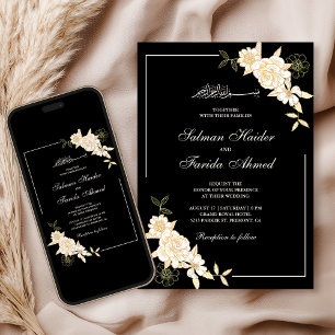 Invitation Branche de feuilles florales à la crème noire pour