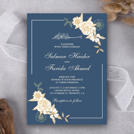 Invitation Branche de Feuilles floraux d'ivoire bleu Mariage 