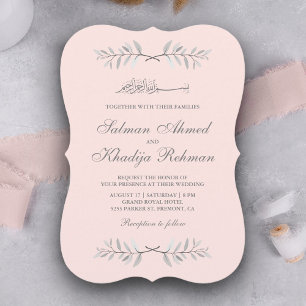 Invitation Branche de feuilles roses et grises pour mariage m