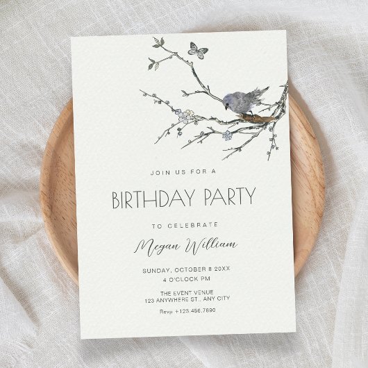 Invitation branche de fleurs d'oiseau anniversaire