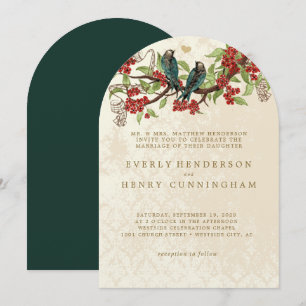 Invitation Branche de fleurs rouges vintage oiseaux mariage