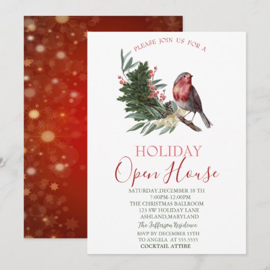 Invitation Branche de pin aquarelle Cardinal Maison Ouverte (Devant / Derrière)