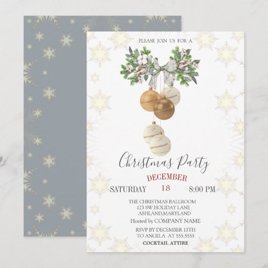 Invitation Branche de pin Bow Boules de Noël (Devant / Derrière)