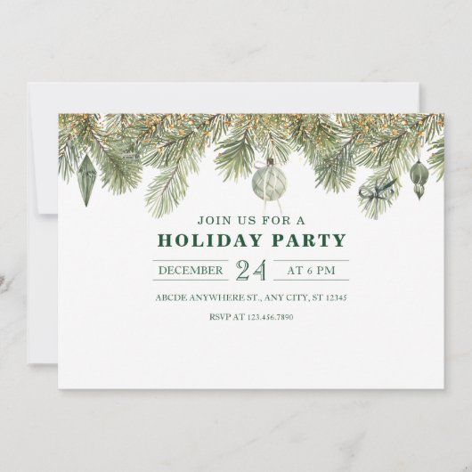 Invitation Branche de pin verte avec décorations de Noël (Devant)