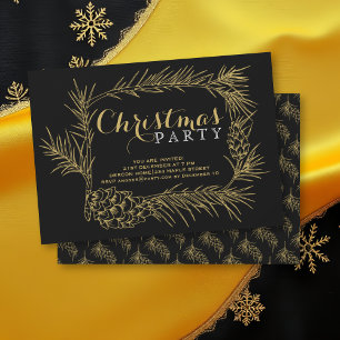 Invitation Branche de sapin d'or avec cônes fête de Noël noir