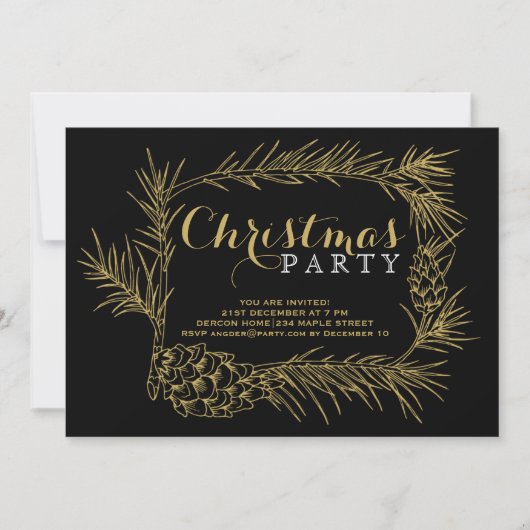Invitation Branche de sapin d'or avec cônes fête de Noël noir (Devant)
