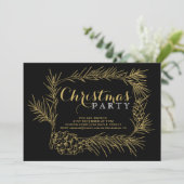 Invitation Branche de sapin d'or avec cônes fête de Noël noir (Debout devant)