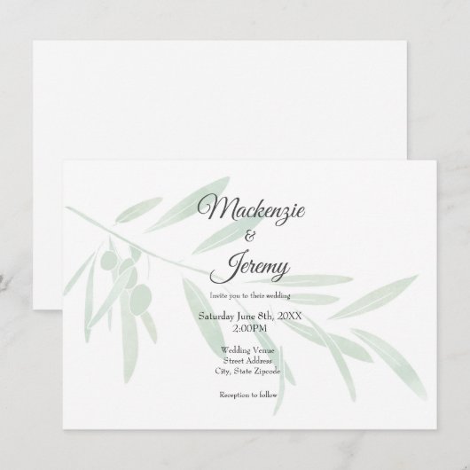 Invitation Branche d'olive aquarelle (Devant / Derrière)