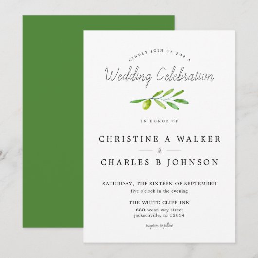 Invitation Branche d'olive Écriture Classique Mariage (Devant / Derrière)