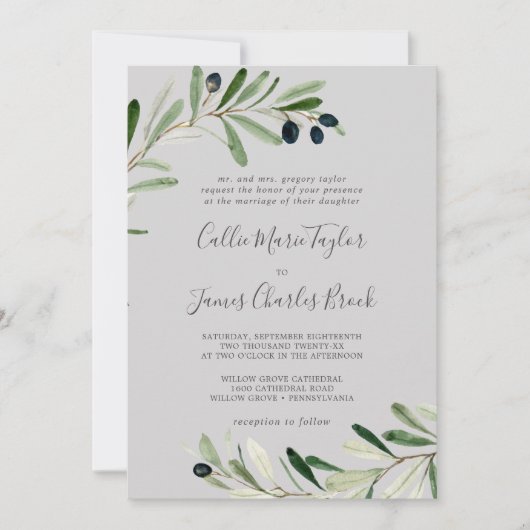Invitation Branche d'olive moderne | Mariage traditionnel gri (Devant)