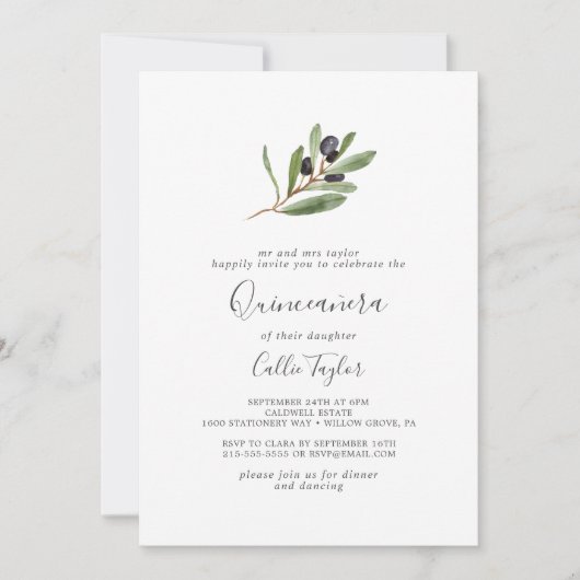 Invitation Branche d'olive moderne Quinceañera (Devant)