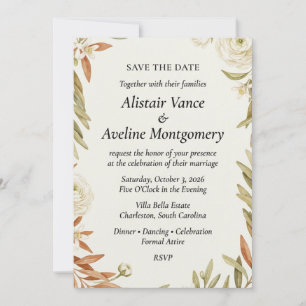 Invitation Branche d'olive neutre et botanique ranunculus