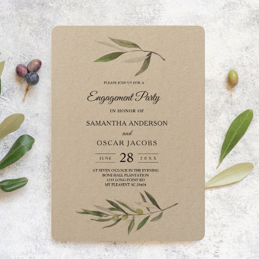 Invitation Branche d'olive verte aquarelle Kraft
