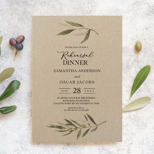 Invitation Branche d'olive verte aquarelle Kraft
