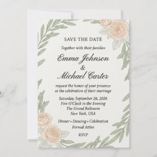 Invitation Branche d'olivier et rose pêche aquarelle mariage 