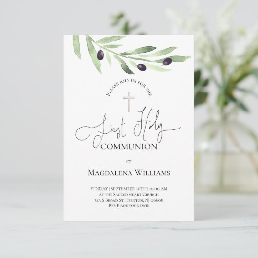 Invitation branche d'olivier rustique Catholique Première Com (Debout devant)