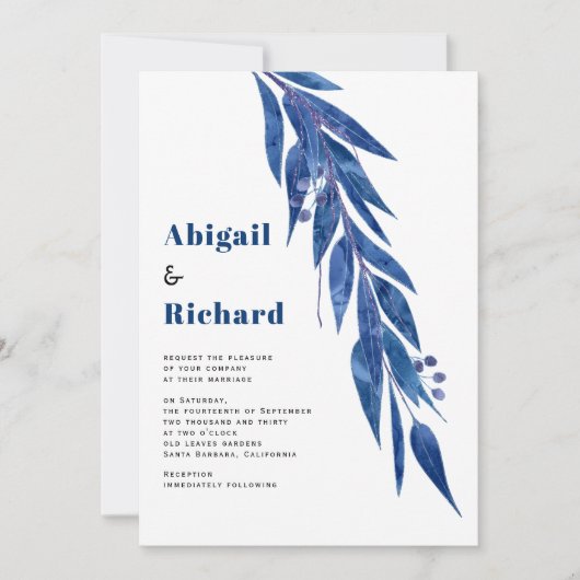Invitation Branche Eucalyptus en bleu mariage d'hiver (Devant)