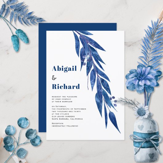 Invitation Branche Eucalyptus en bleu mariage d'hiver