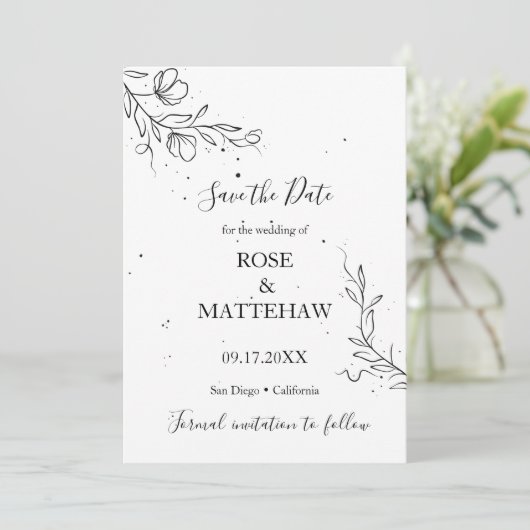 Invitation Branche fleurie et gouttes d'encre Save the Date (Debout devant)