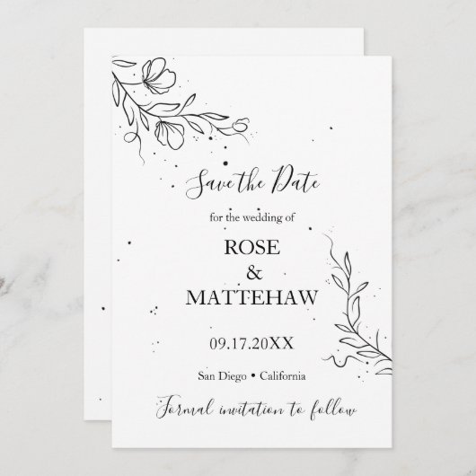 Invitation Branche fleurie et gouttes d'encre Save the Date (Devant / Derrière)
