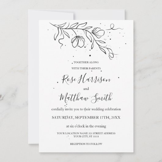 Invitation Branche fleurie stylisée et gouttes d'encre (Devant)