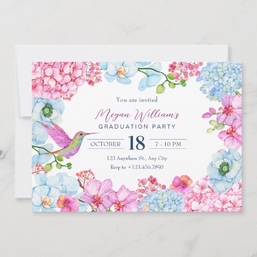 Invitation Branche florale bleu rose avec graduation des oise (Devant)