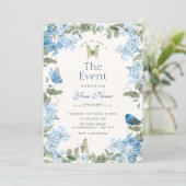 Invitation Branche florale bleue papillons oiseau (Debout devant)