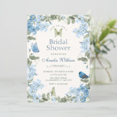 Invitation Branche florale bleue papillons oiseau douche de m (Debout devant)