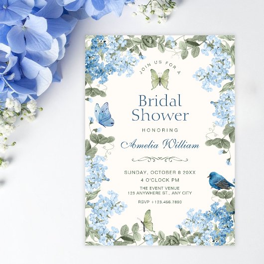 Invitation Branche florale bleue papillons oiseau douche de m