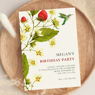 Invitation Branche florale de fraise anniversaire minimaliste
