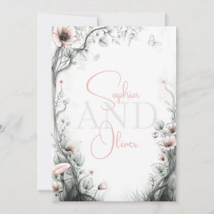 Invitation Branche florale délicate et fantaisiste rose tendr