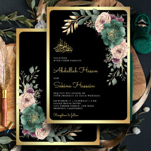 Invitation Branche florale émeraude noire Code QR Mariage Mus