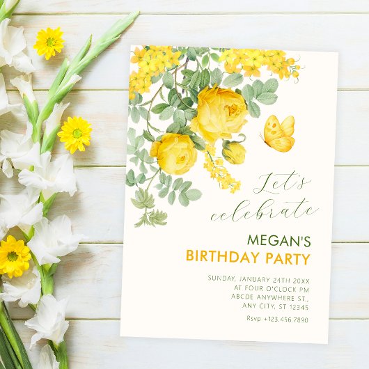 Invitation Branche florale jaune anniversaire