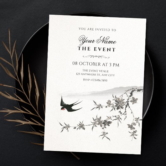 Invitation branche florale oiseau japonais