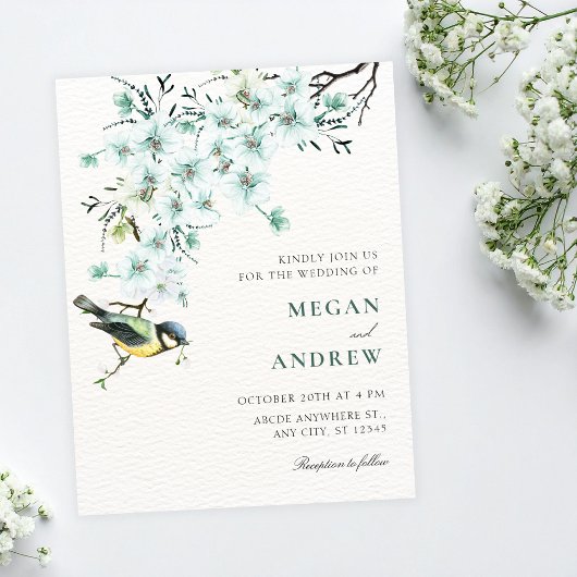 Invitation Branche florale oiseau mariage de printemps