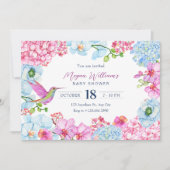 Invitation Branche florale rose bleue avec shower bébé oiseau (Devant)