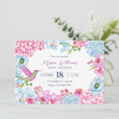 Invitation Branche florale rose bleue avec shower bébé oiseau (Debout devant)