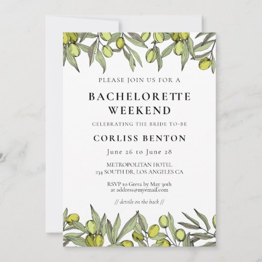 Invitation Branche Olive moderne Bachelorette Week-end (Devant)