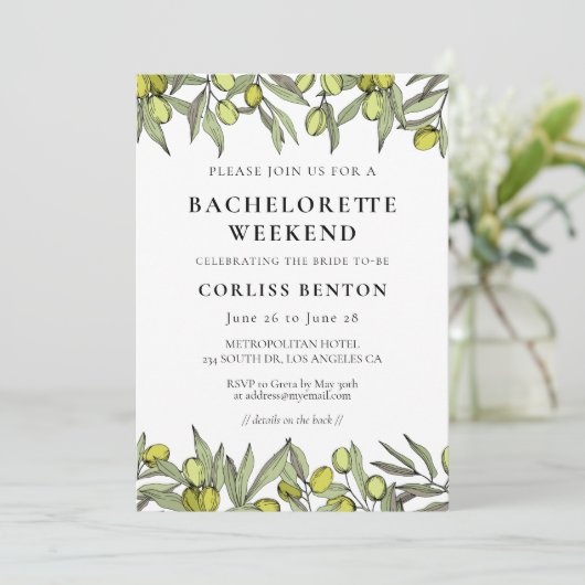 Invitation Branche Olive moderne Bachelorette Week-end (Debout devant)